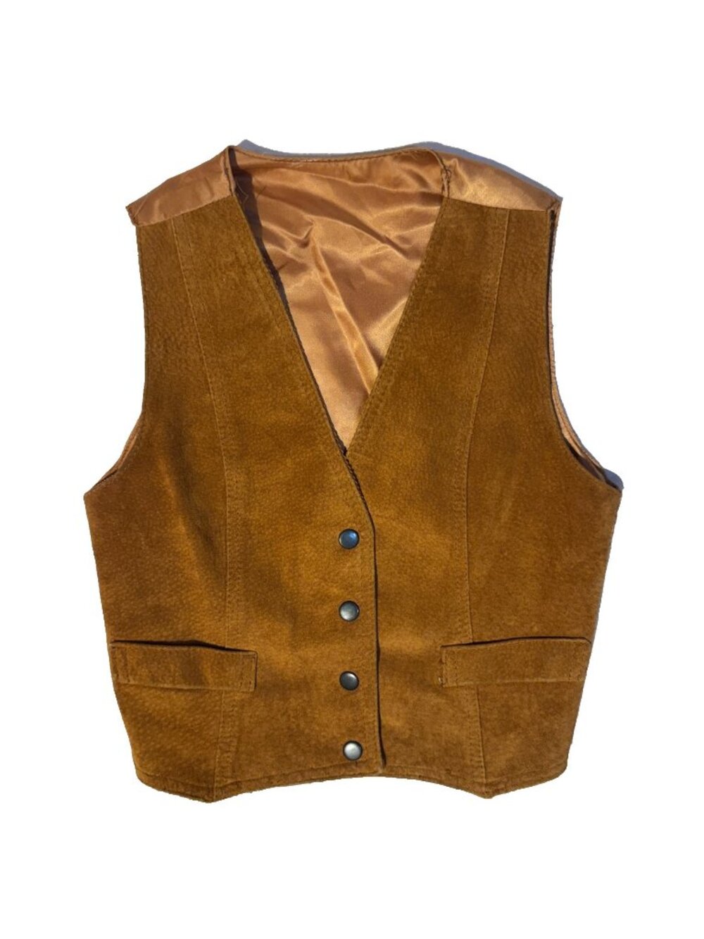 1970s Caramel Brown Corduroy Suede & Satin Reversible vest Small Western